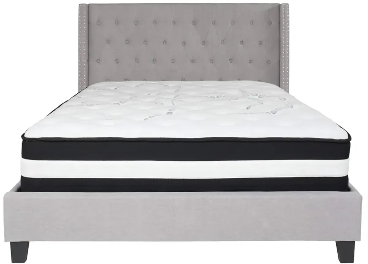 Riverdale Queen Size Tufted Upholstered Platform Bed in Light Gray Fabric with Pocket Spring Mattress