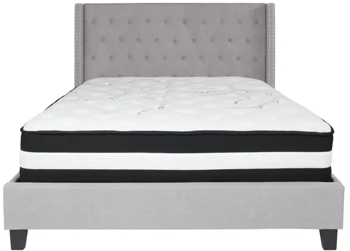 Riverdale Queen Size Tufted Upholstered Platform Bed in Light Gray Fabric with Pocket Spring Mattress