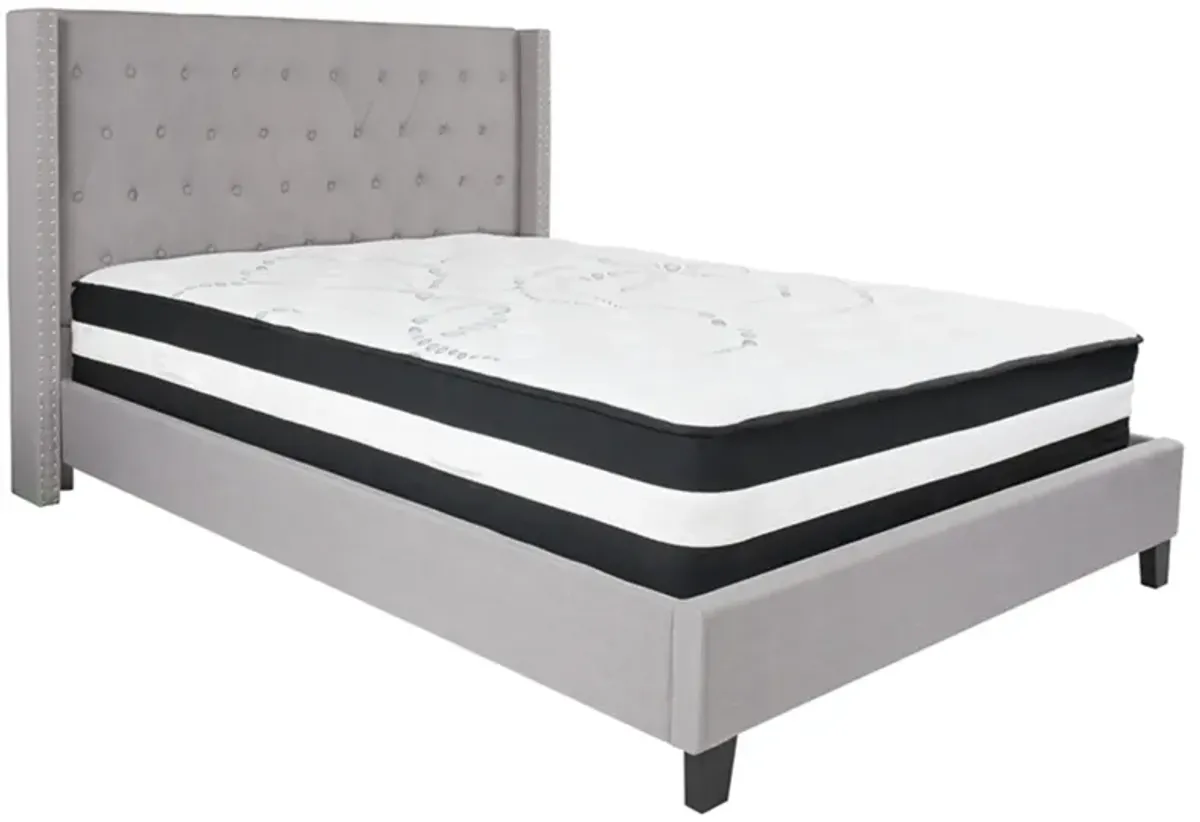 Riverdale Queen Size Tufted Upholstered Platform Bed in Light Gray Fabric with Pocket Spring Mattress