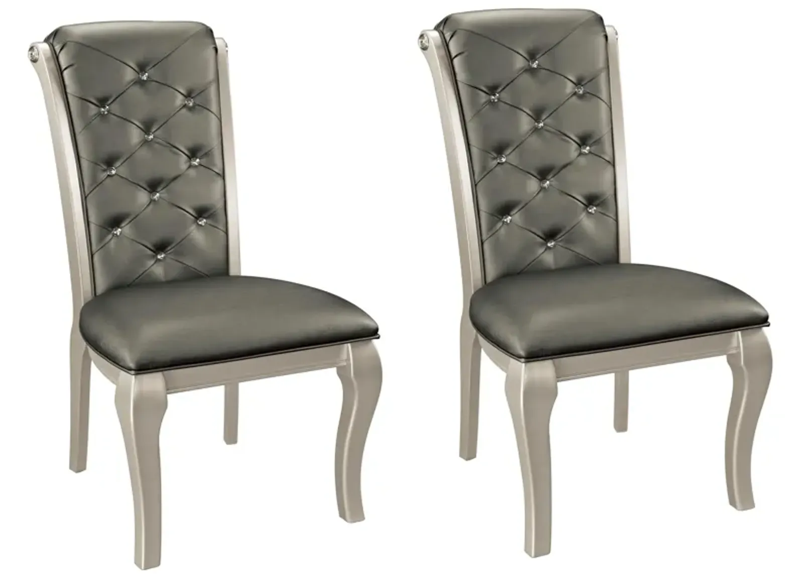 Side Chair With Crystal Button Tufted Back, Silver, Set of 2-Benzara