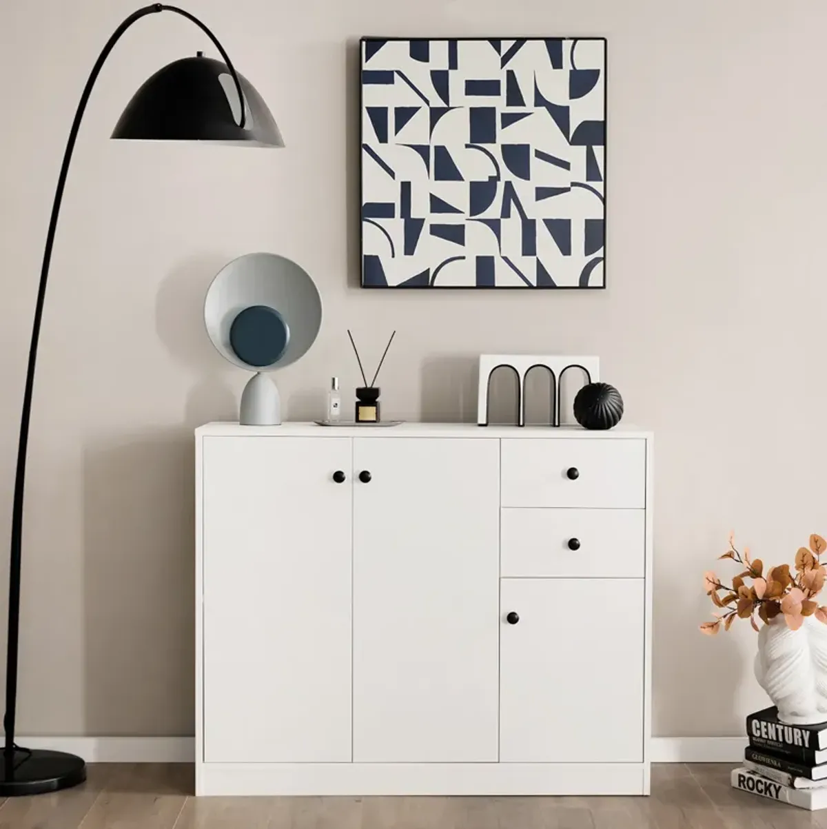 Modern Buffet Sideboard with 2 Pull-out Drawers and Adjustable Shelf for Kitchen-White