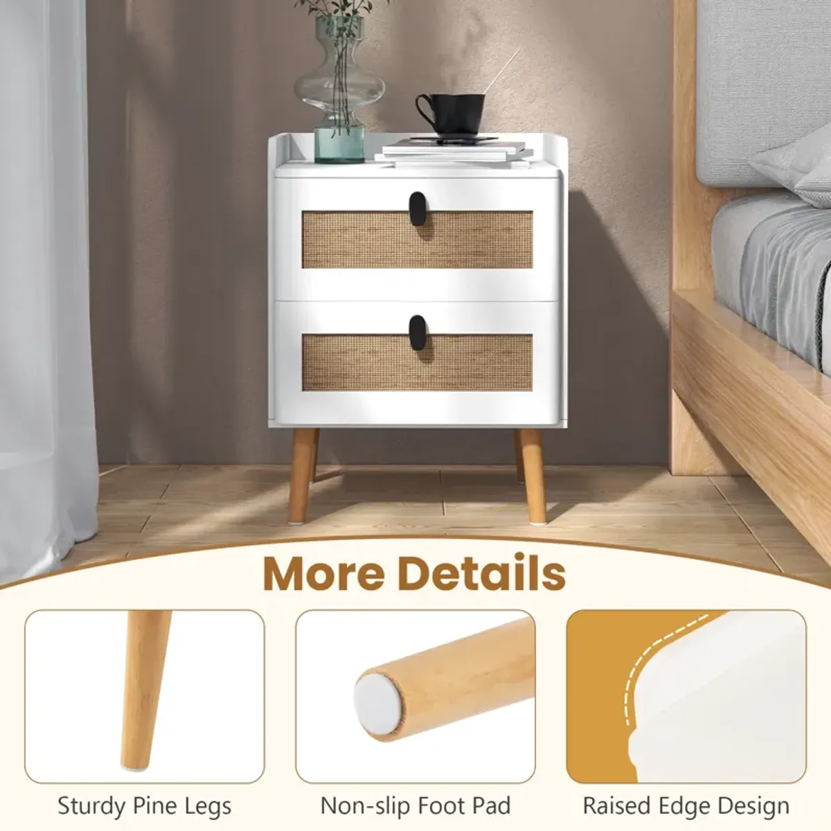 Modern End Table Bedside Table with 2 Rattan Decorated Drawers-White