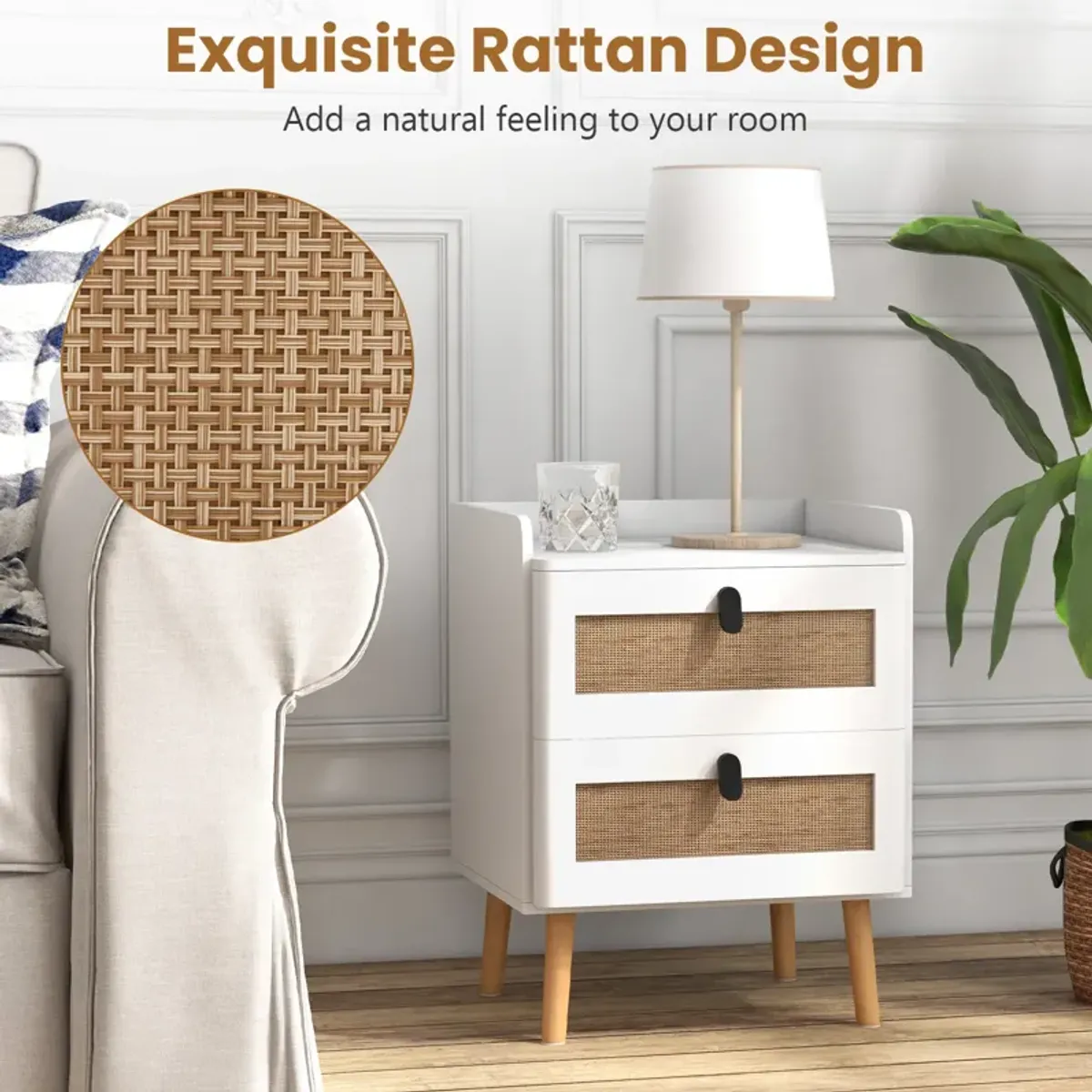 Modern End Table Bedside Table with 2 Rattan Decorated Drawers-White