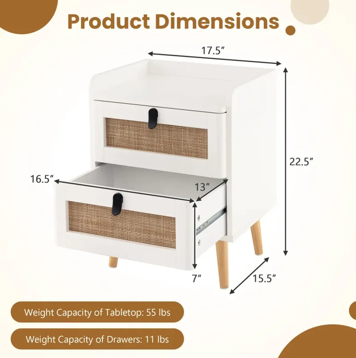 Modern End Table Bedside Table with 2 Rattan Decorated Drawers-White