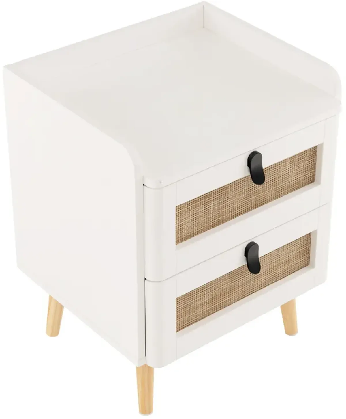 Modern End Table Bedside Table with 2 Rattan Decorated Drawers-White