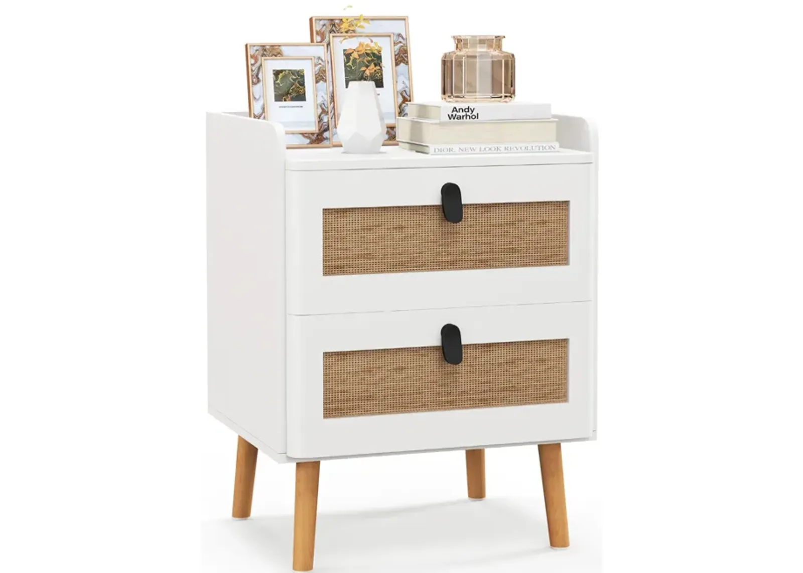 Modern End Table Bedside Table with 2 Rattan Decorated Drawers-White