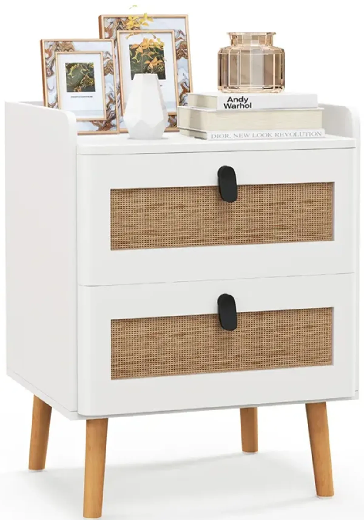 Modern End Table Bedside Table with 2 Rattan Decorated Drawers-White