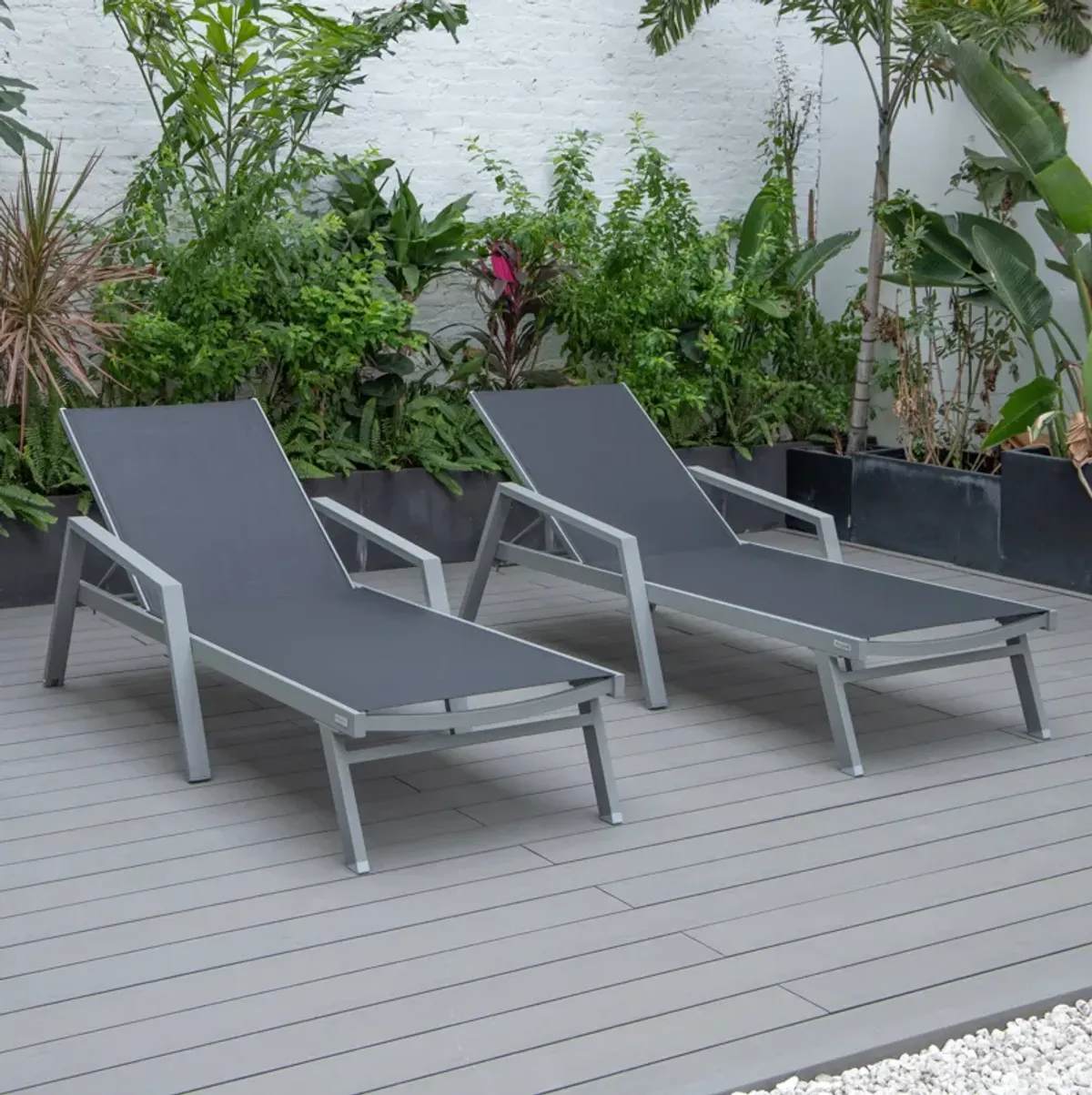LeisureMod Marlin Patio Chaise Lounge Chair With Armrests in Grey Aluminum Frame, Set of 2 in Green