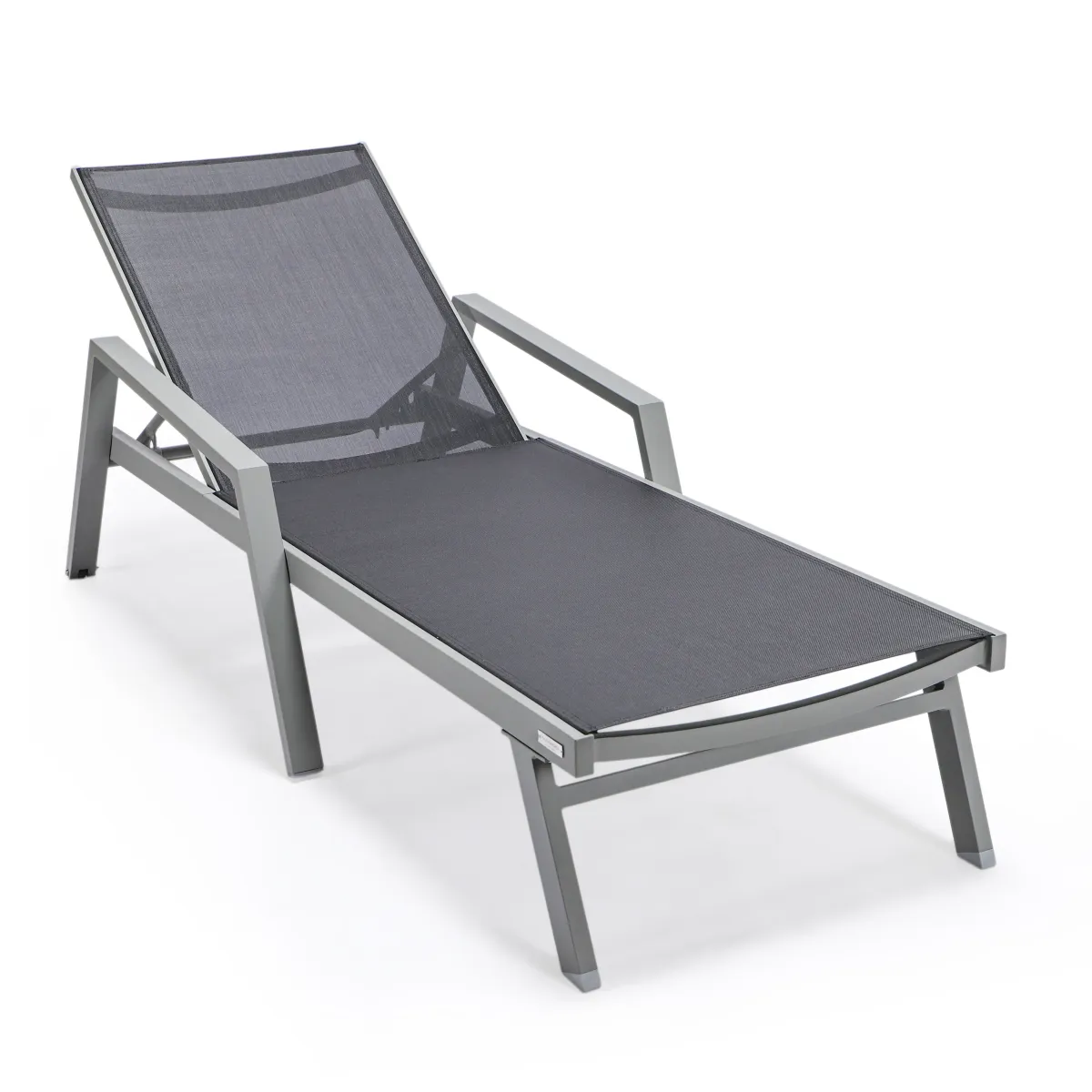 LeisureMod Marlin Patio Chaise Lounge Chair With Armrests in Grey Aluminum Frame, Set of 2 in Green