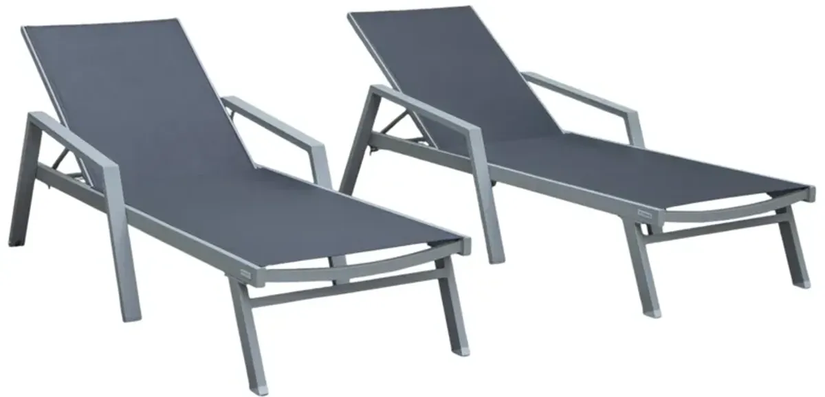 LeisureMod Marlin Patio Chaise Lounge Chair With Armrests in Grey Aluminum Frame, Set of 2 in Green