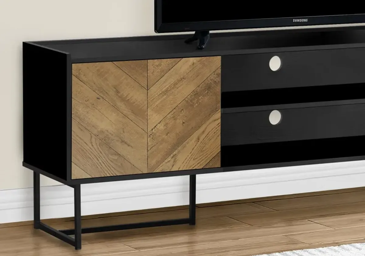 Tv Stand, 72 Inch, Console, Media Entertainment Center, Storage Cabinet, Living Room, Bedroom, Brown And Black Laminate, Black Metal, Contemporary, Modern