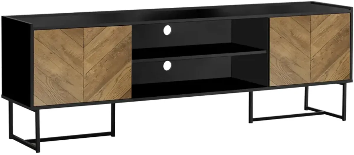 Tv Stand, 72 Inch, Console, Media Entertainment Center, Storage Cabinet, Living Room, Bedroom, Brown And Black Laminate, Black Metal, Contemporary, Modern