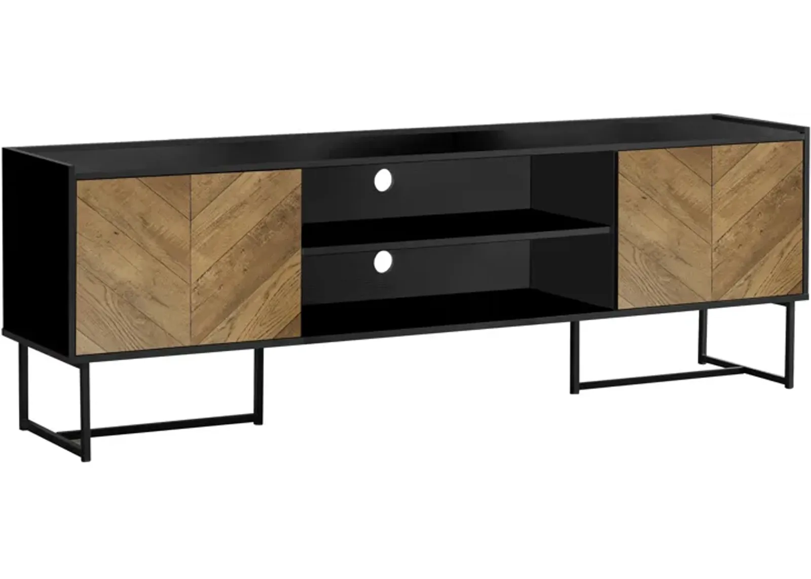 Tv Stand, 72 Inch, Console, Media Entertainment Center, Storage Cabinet, Living Room, Bedroom, Brown And Black Laminate, Black Metal, Contemporary, Modern