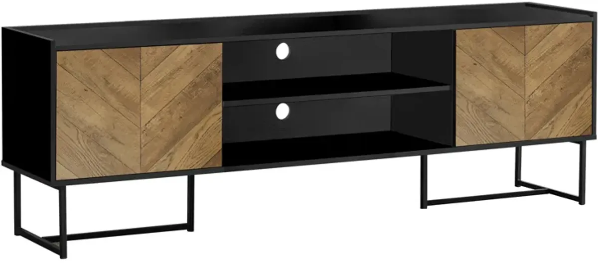 Tv Stand, 72 Inch, Console, Media Entertainment Center, Storage Cabinet, Living Room, Bedroom, Brown And Black Laminate, Black Metal, Contemporary, Modern