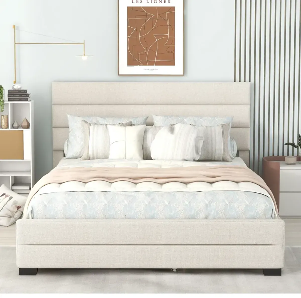 Merax Linen Fabric Platform Bed with Trundle