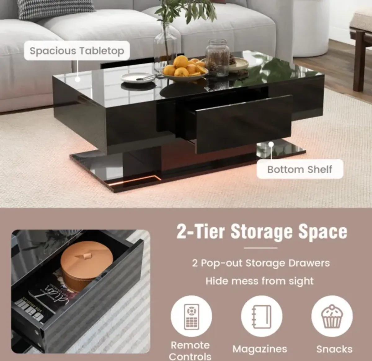 Hivvago Modern LED Coffee Table with 20 Color LED Lights and 2 Storage Drawers
