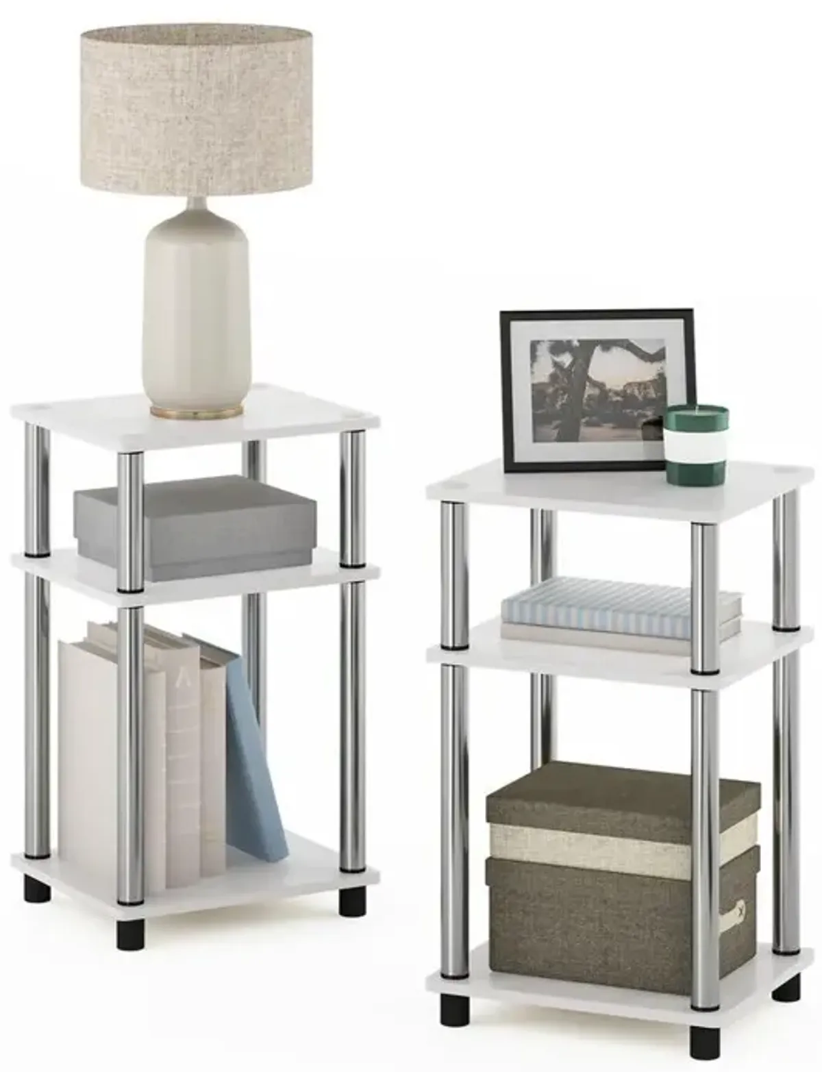 Furinno Just 3-Tier Turn-N-Tube End Table, 2-Pack, White Oak/Chrome
