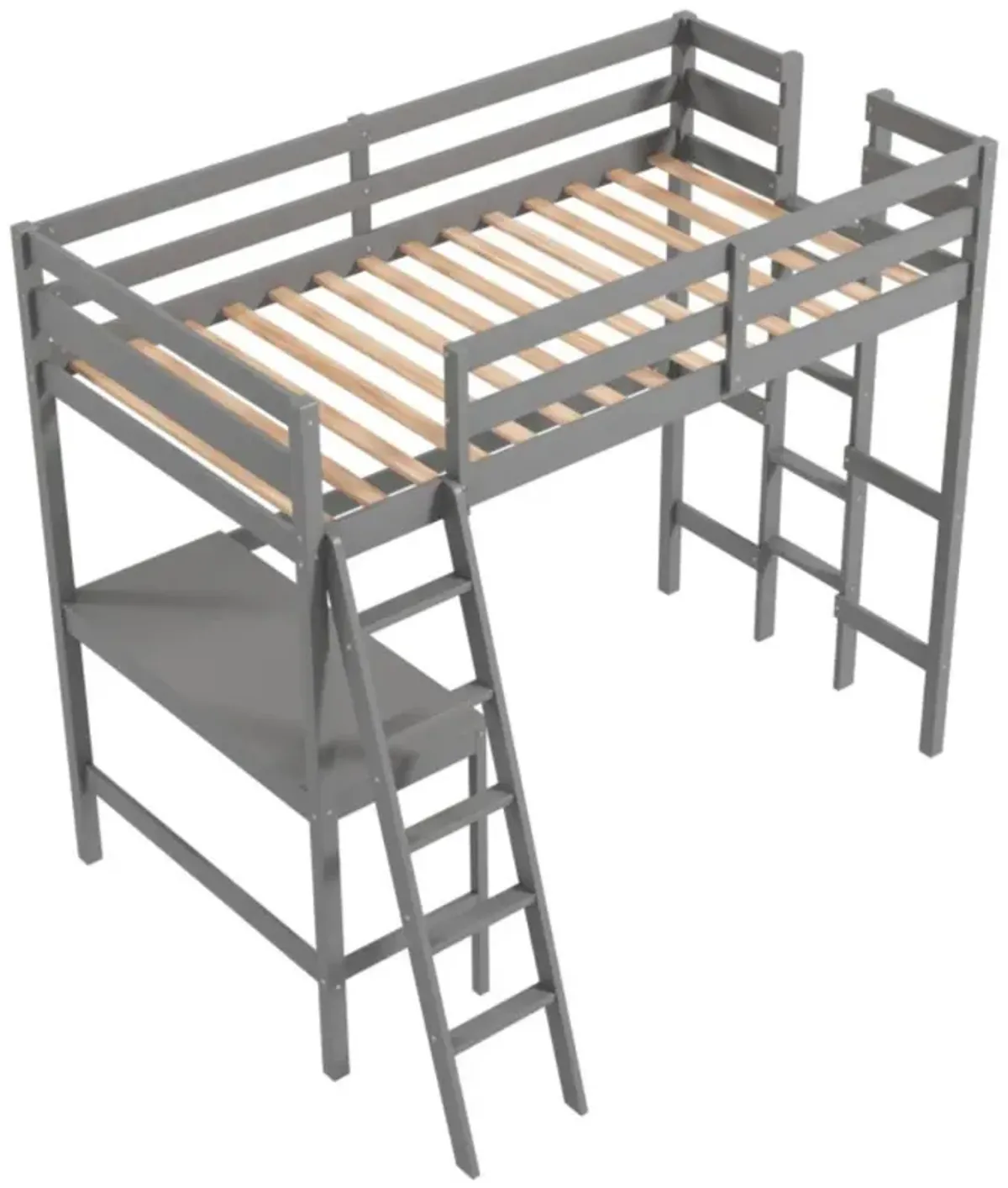 Hivvago Twin Size Loft Bed Frame with Desk Angled and Built-in Ladder