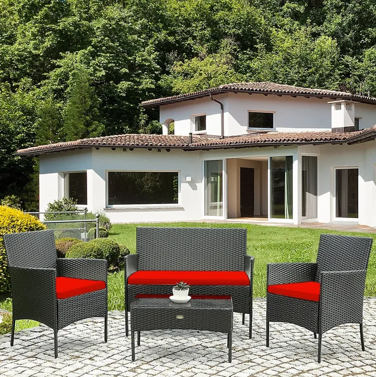 4 Pieces Patio Rattan Cushioned Sofa Set with Tempered Glass Coffee Table