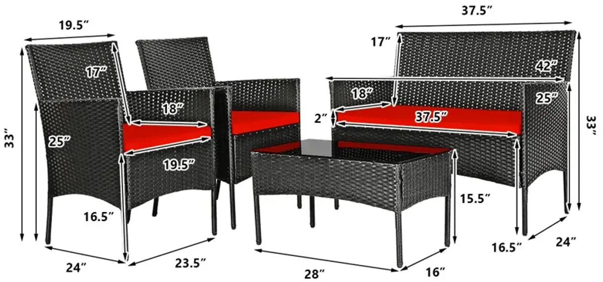 4 Pieces Patio Rattan Cushioned Sofa Set with Tempered Glass Coffee Table