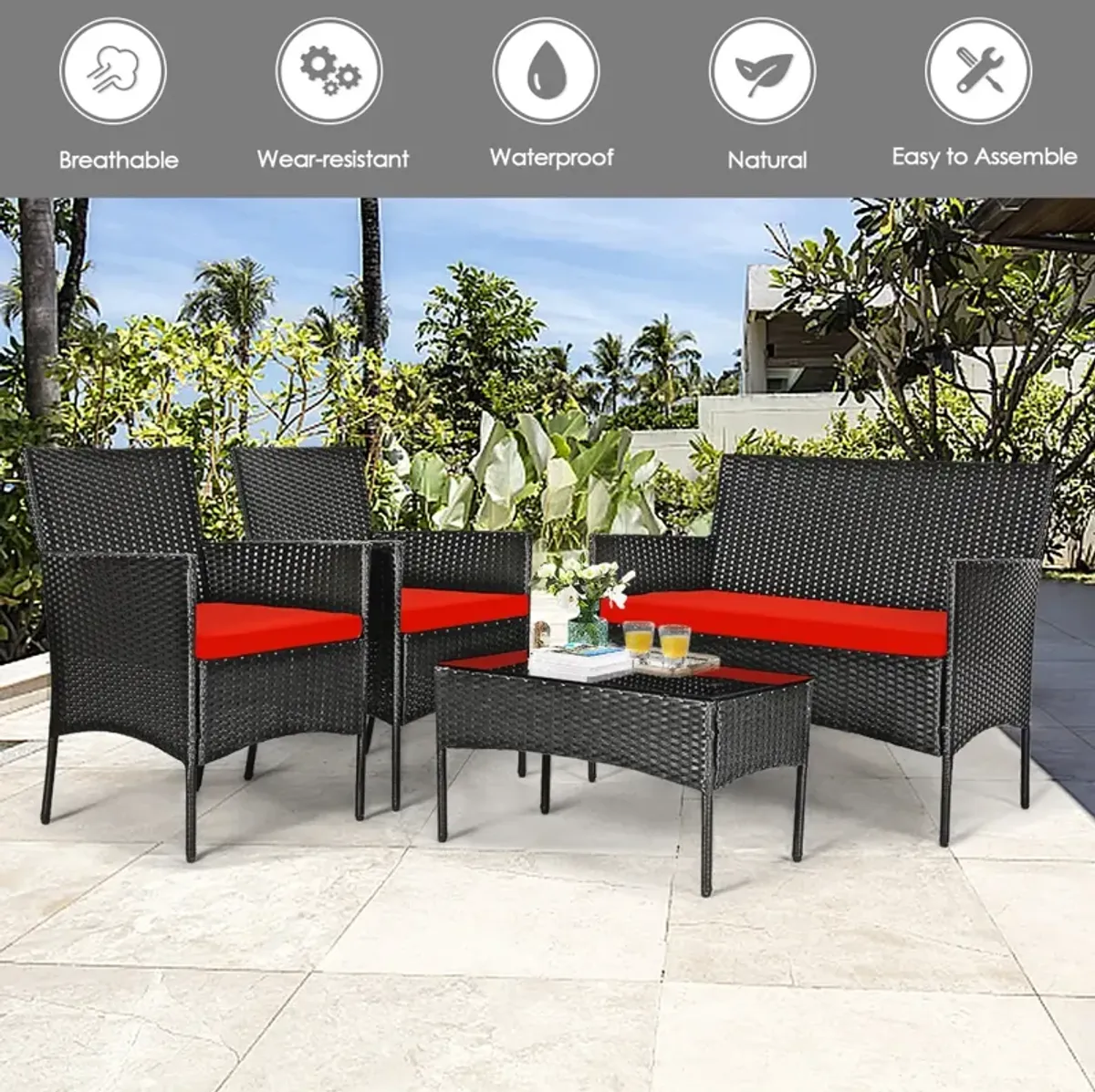 4 Pieces Patio Rattan Cushioned Sofa Set with Tempered Glass Coffee Table