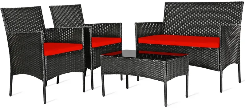 4 Pieces Patio Rattan Cushioned Sofa Set with Tempered Glass Coffee Table