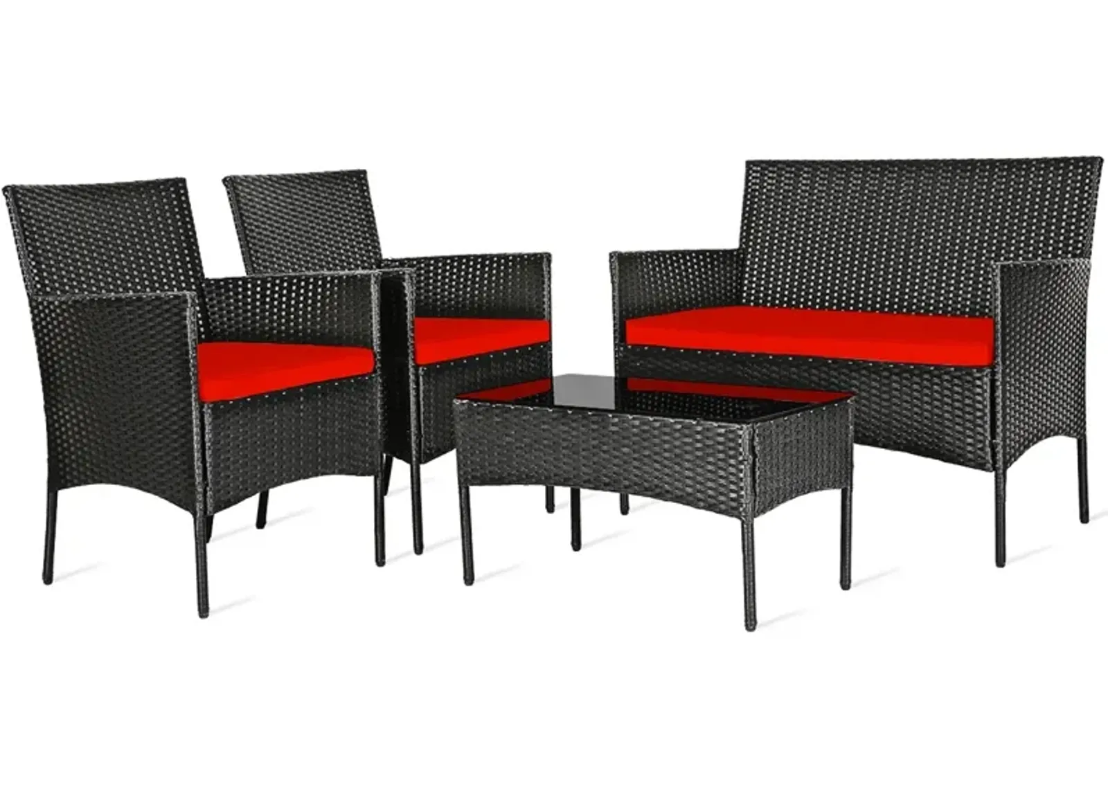 4 Pieces Patio Rattan Cushioned Sofa Set with Tempered Glass Coffee Table