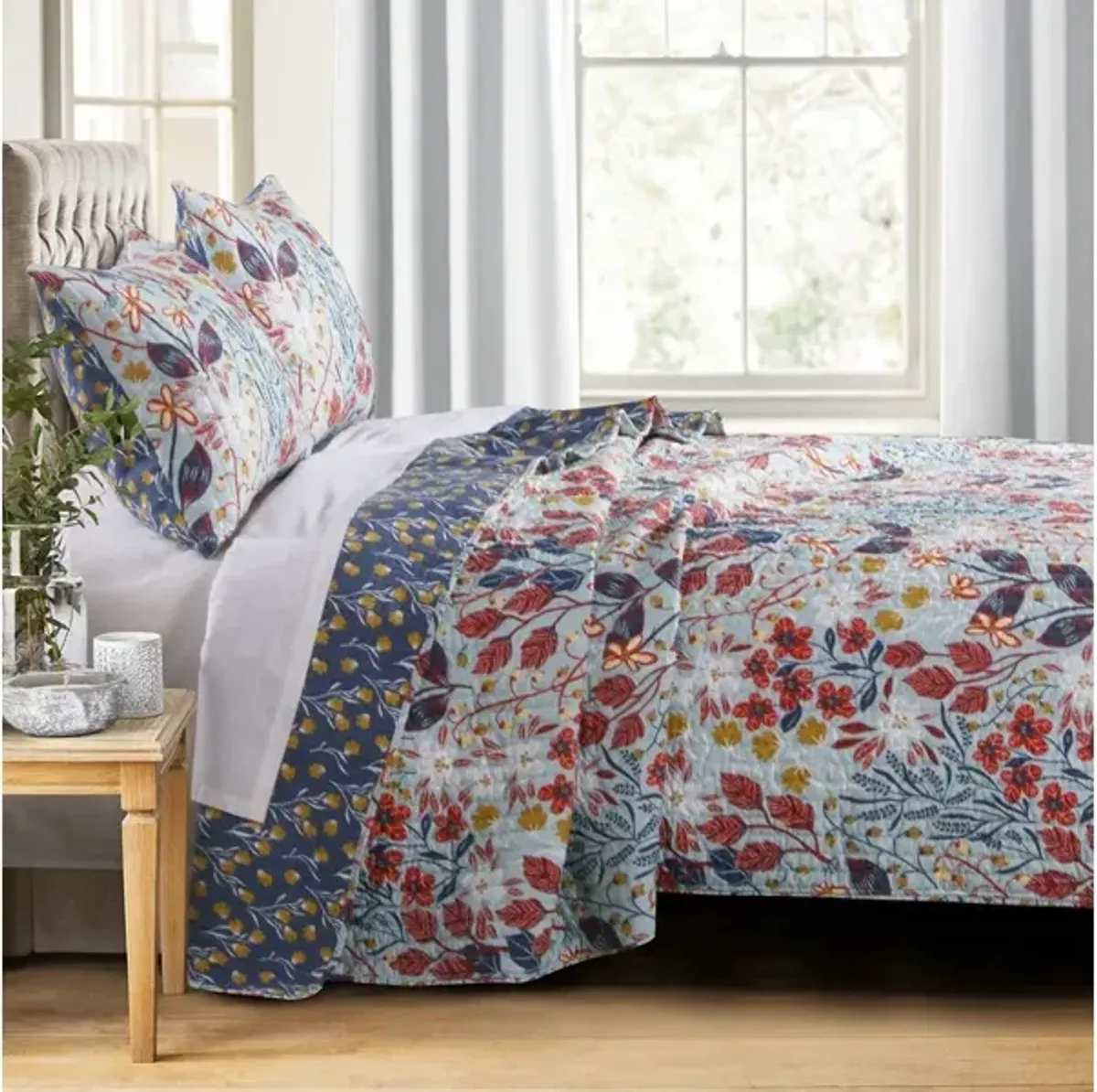 Twin Size 2 Piece Polyester Quilt Set with Floral Prints, Multicolor - Benzara