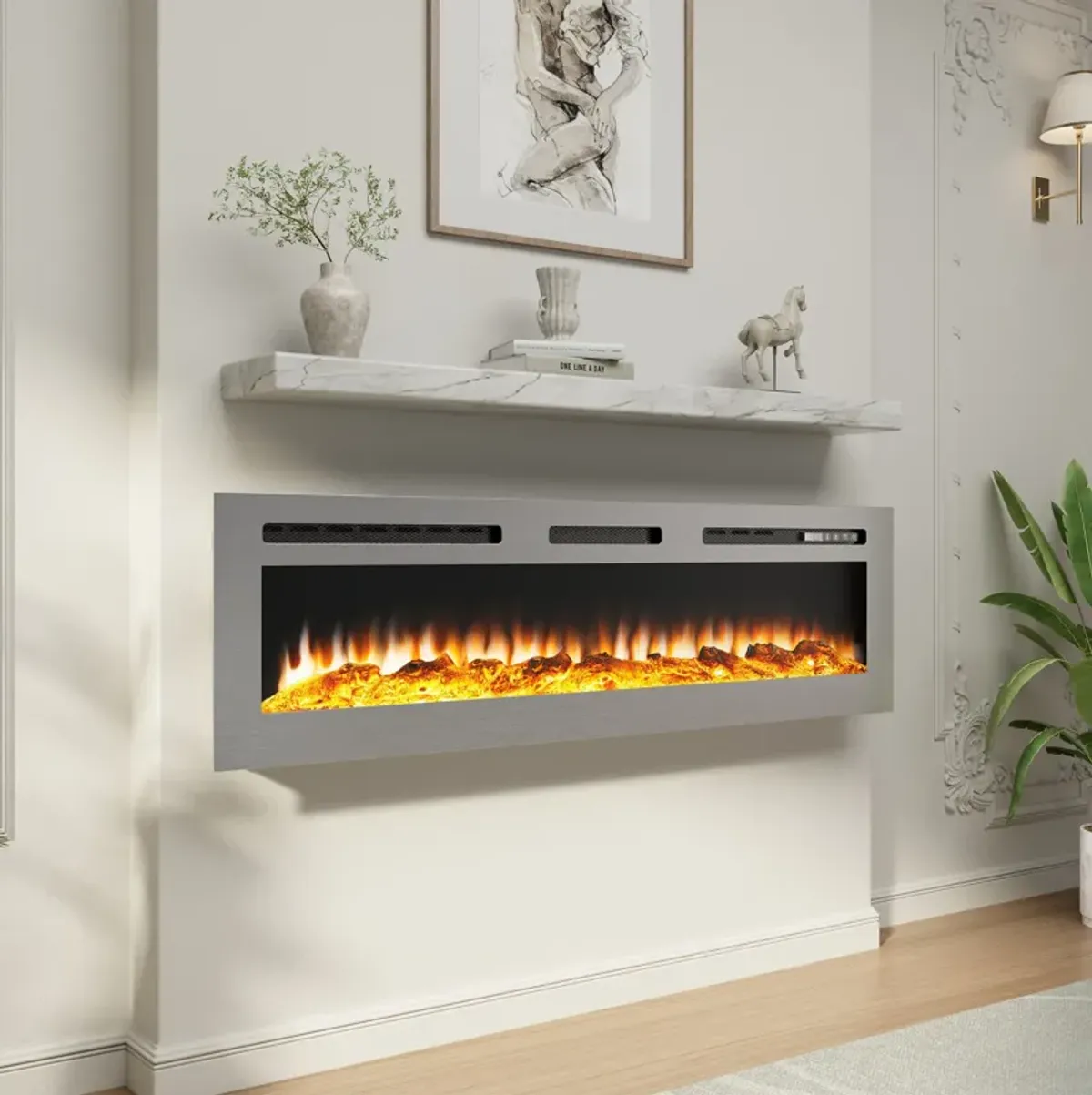 60 in. Wall Mounted and Recessed Stainless Steel Electric Fireplace in Silver