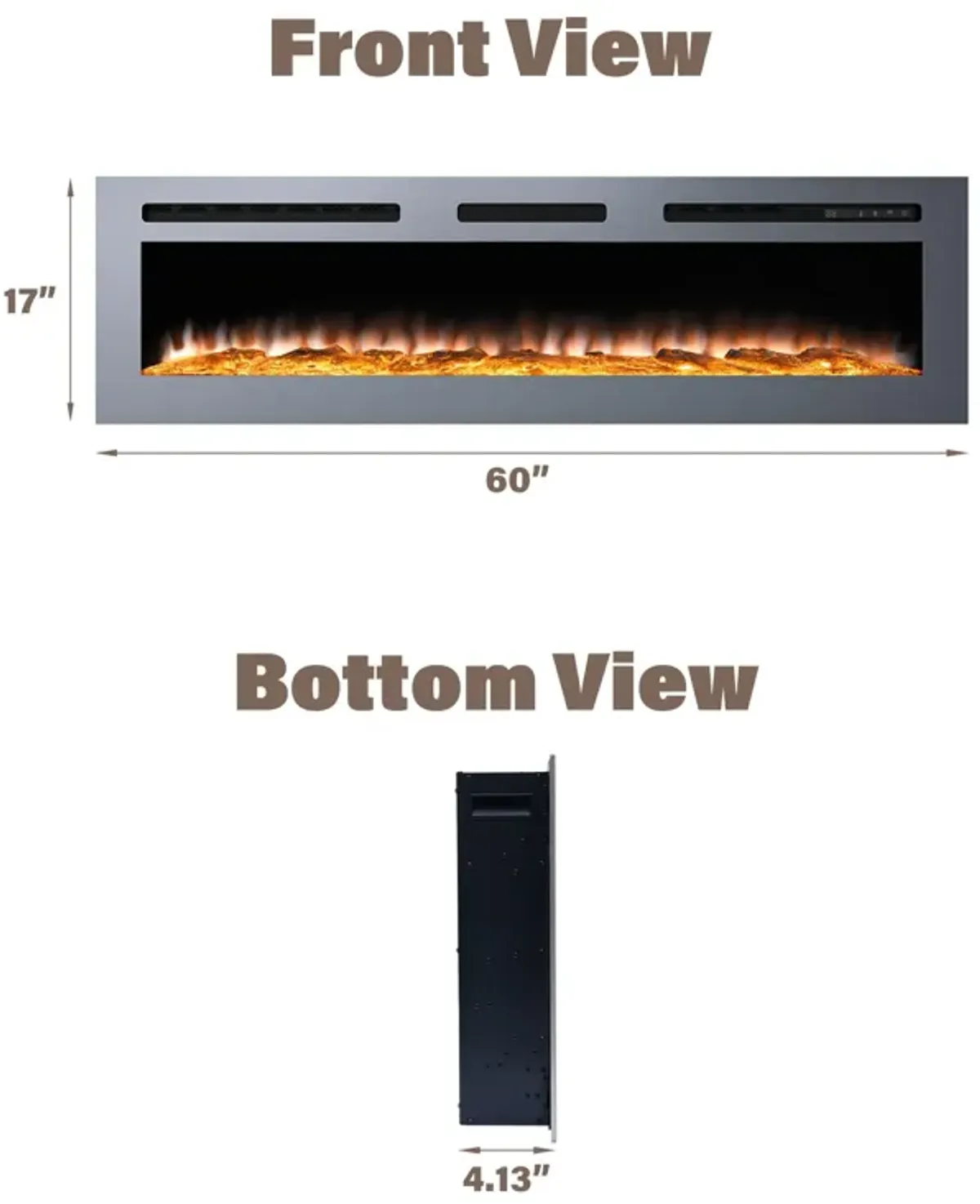 60 in. Wall Mounted and Recessed Stainless Steel Electric Fireplace in Silver