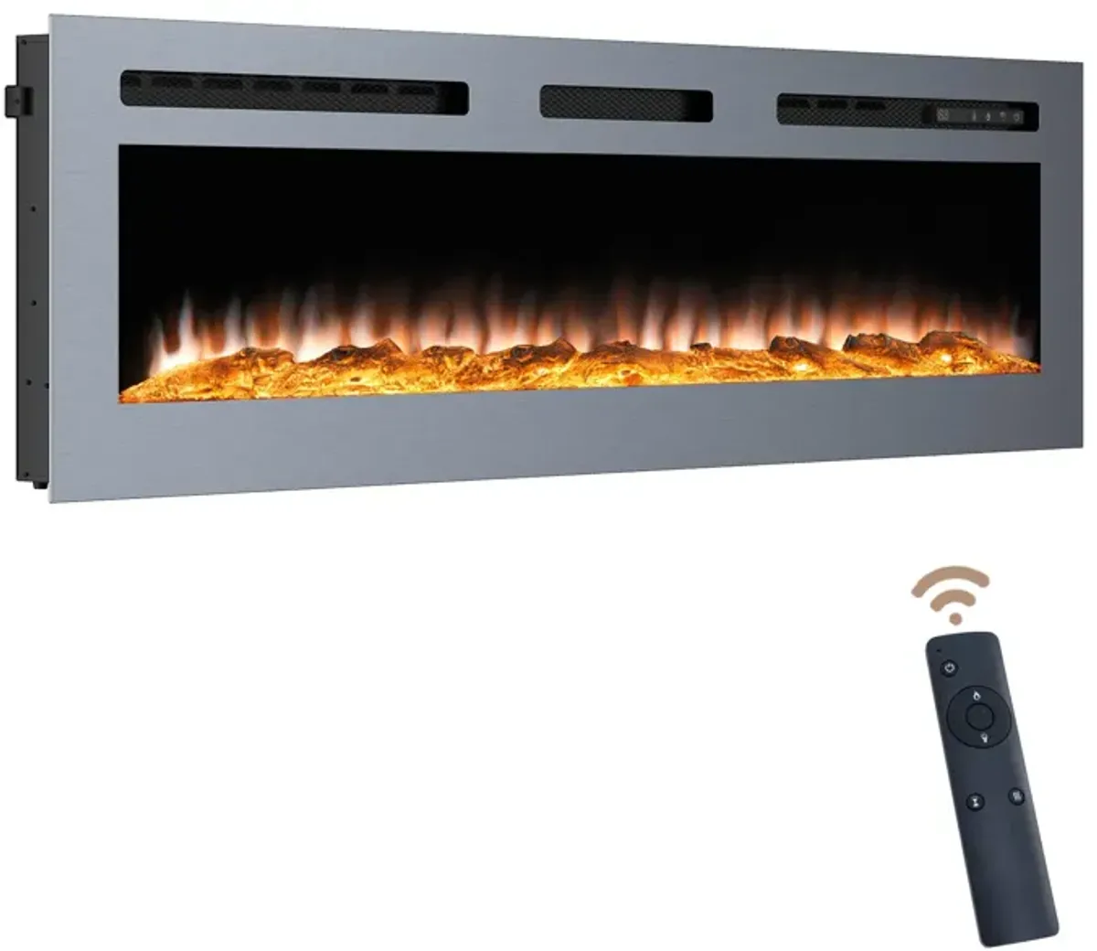 60 in. Wall Mounted and Recessed Stainless Steel Electric Fireplace in Silver