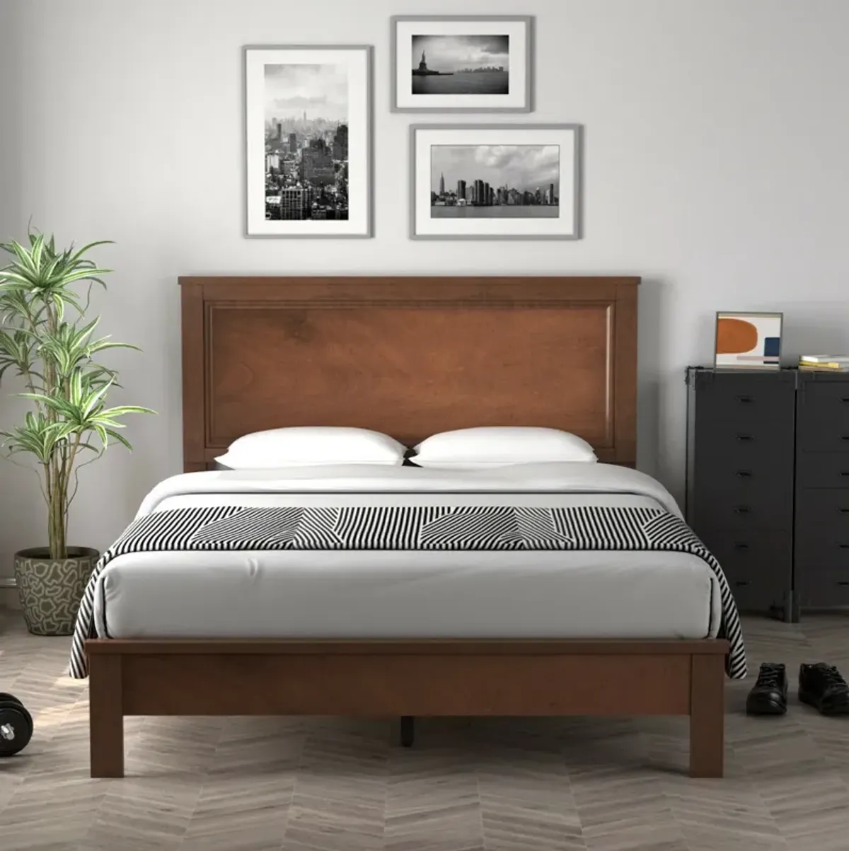 Queen Size Bed Frame Platform Slat High Headboard Bedroom with Rubber Wood Leg