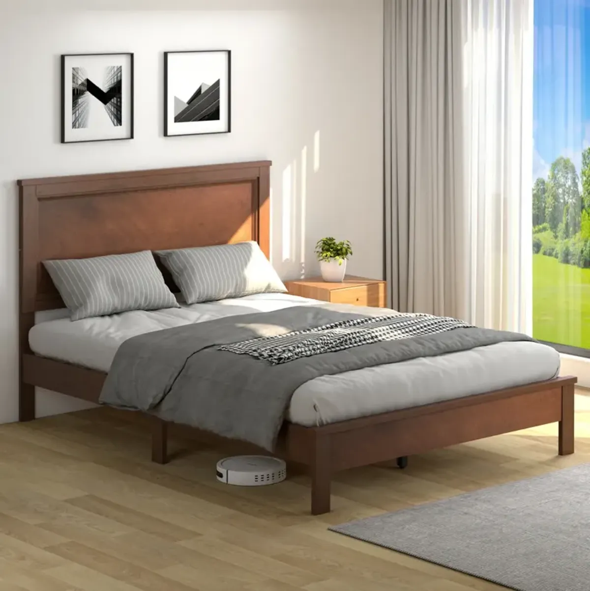 Queen Size Bed Frame Platform Slat High Headboard Bedroom with Rubber Wood Leg