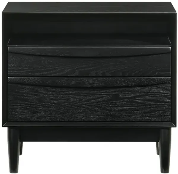 Mian 23 Inch Nightstand, 2 Drawer, Linear Undercut Handles, Wood, Black - Benzara