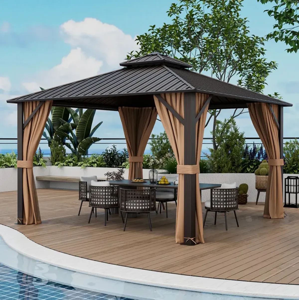 12 x 12 Feet Double-Roof Patio Hardtop Gazebo with Galvanized Steel Roof Netting and Curtains-Coffee