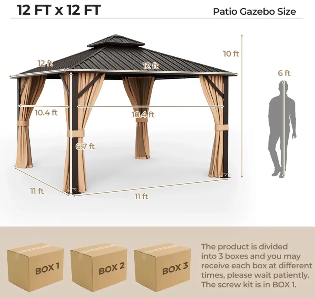 12 x 12 Feet Double-Roof Patio Hardtop Gazebo with Galvanized Steel Roof Netting and Curtains-Coffee