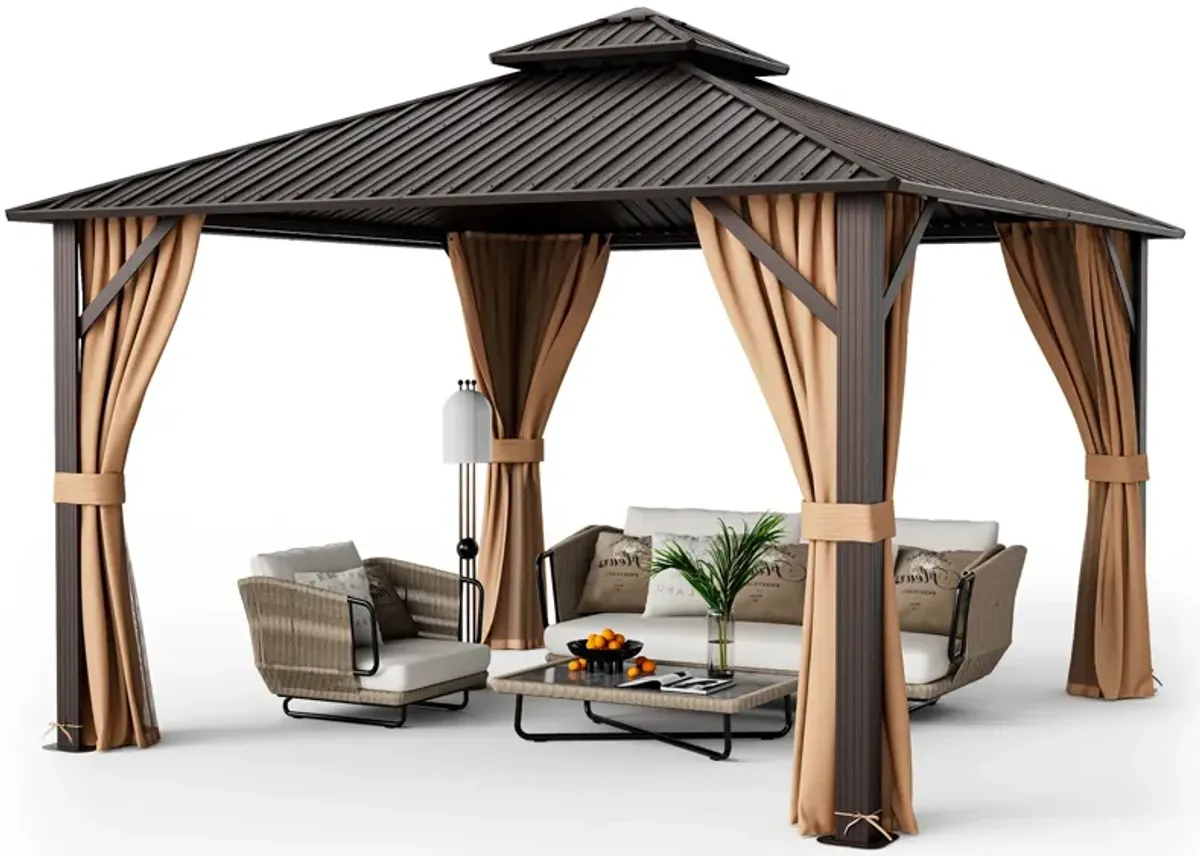 12 x 12 Feet Double-Roof Patio Hardtop Gazebo with Galvanized Steel Roof Netting and Curtains-Coffee