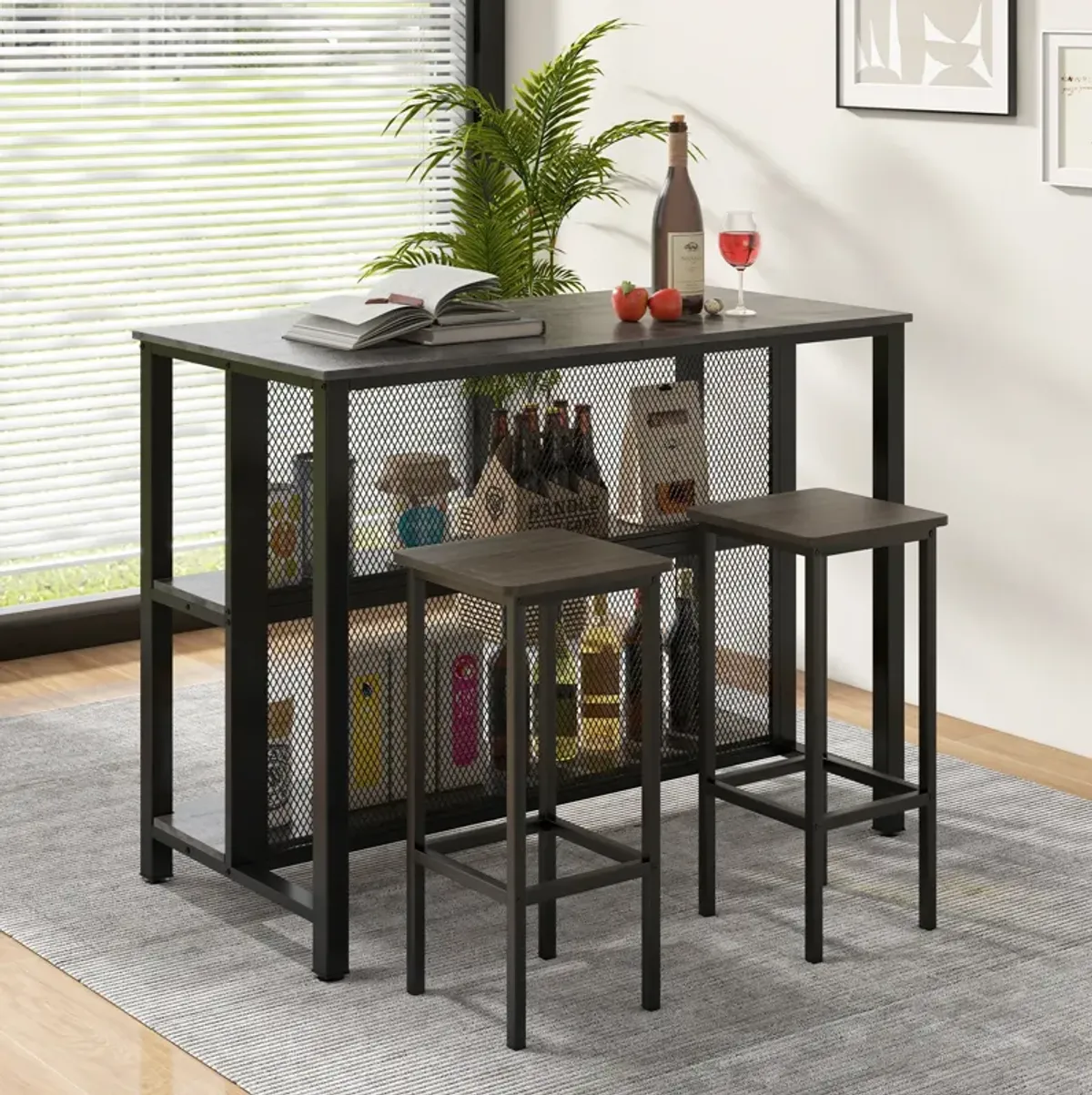 36" 3-Tier Bar Table with Storage Metal Frame Adjustable Foot Pads for Dining Room