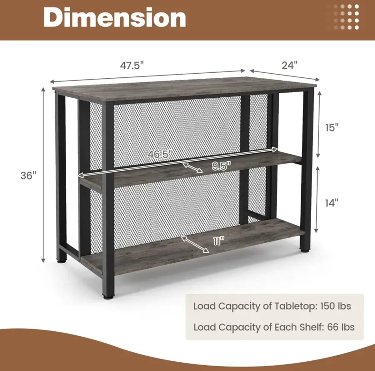 36" 3-Tier Bar Table with Storage Metal Frame Adjustable Foot Pads for Dining Room