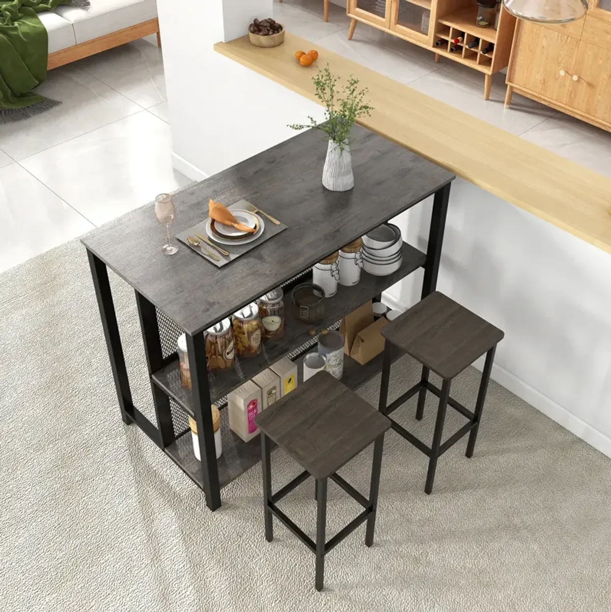 36" 3-Tier Bar Table with Storage Metal Frame Adjustable Foot Pads for Dining Room