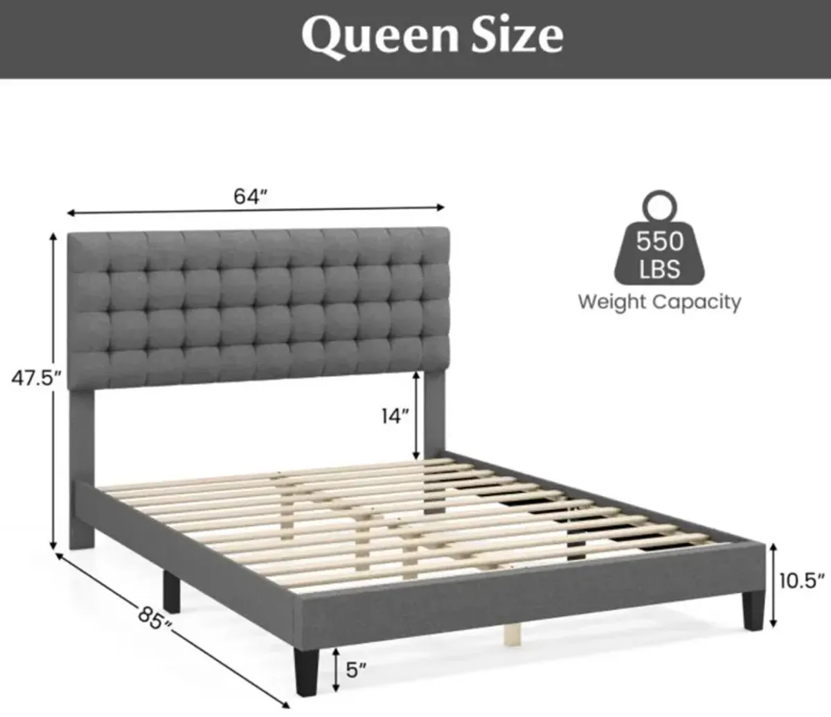 Hivvago Queen Size Upholstered Platform Bed with Square Stitched Headboard