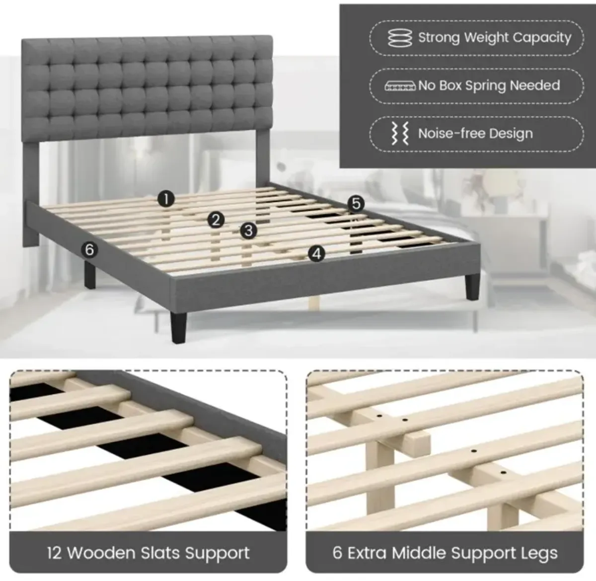 Hivvago Queen Size Upholstered Platform Bed with Square Stitched Headboard