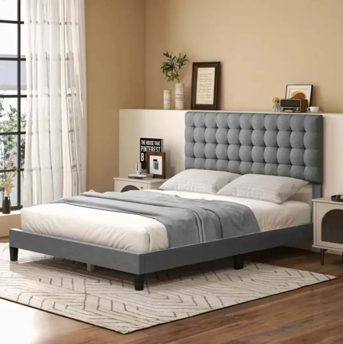 Hivvago Queen Size Upholstered Platform Bed with Square Stitched Headboard