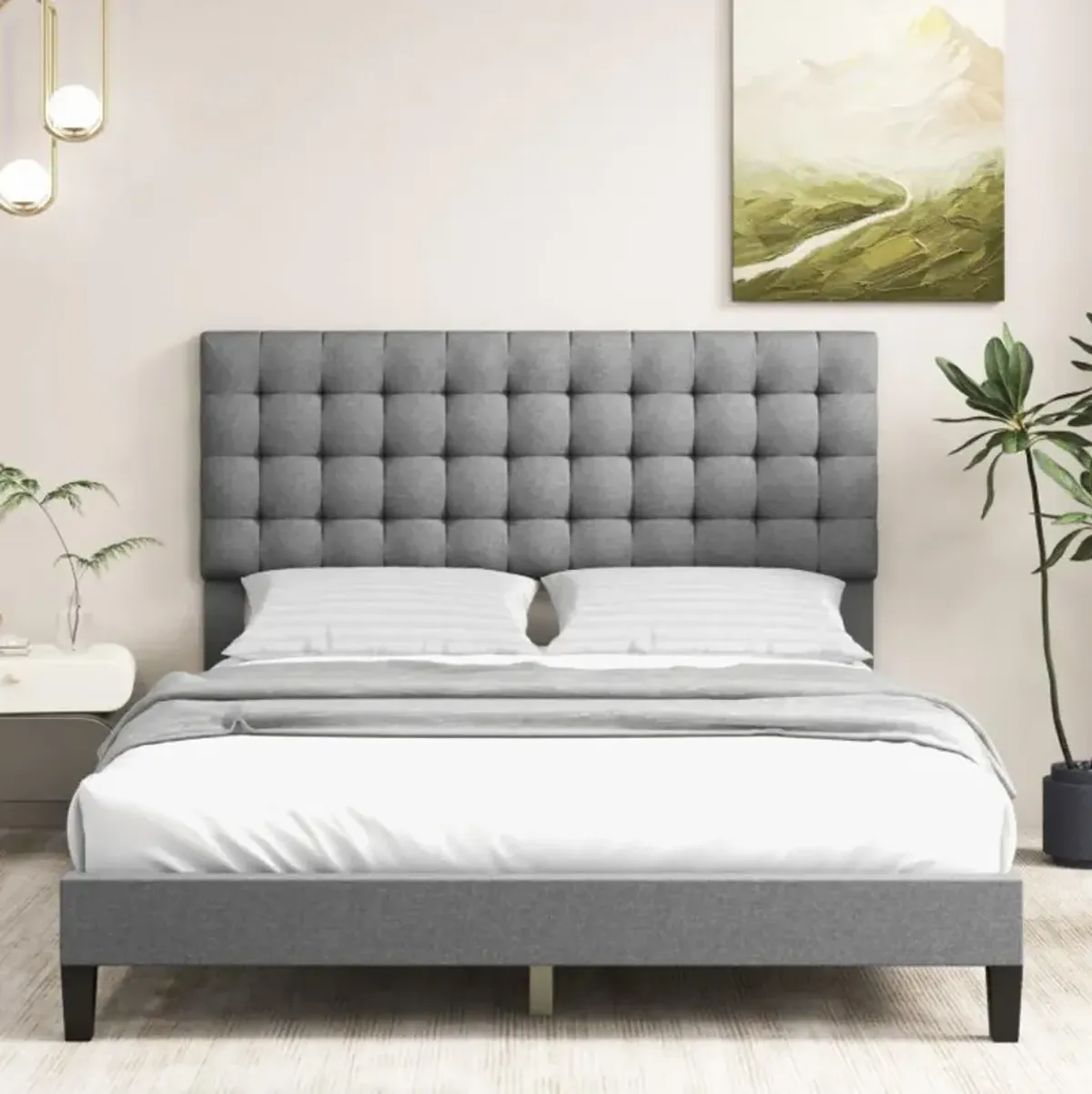 Hivvago Queen Size Upholstered Platform Bed with Square Stitched Headboard