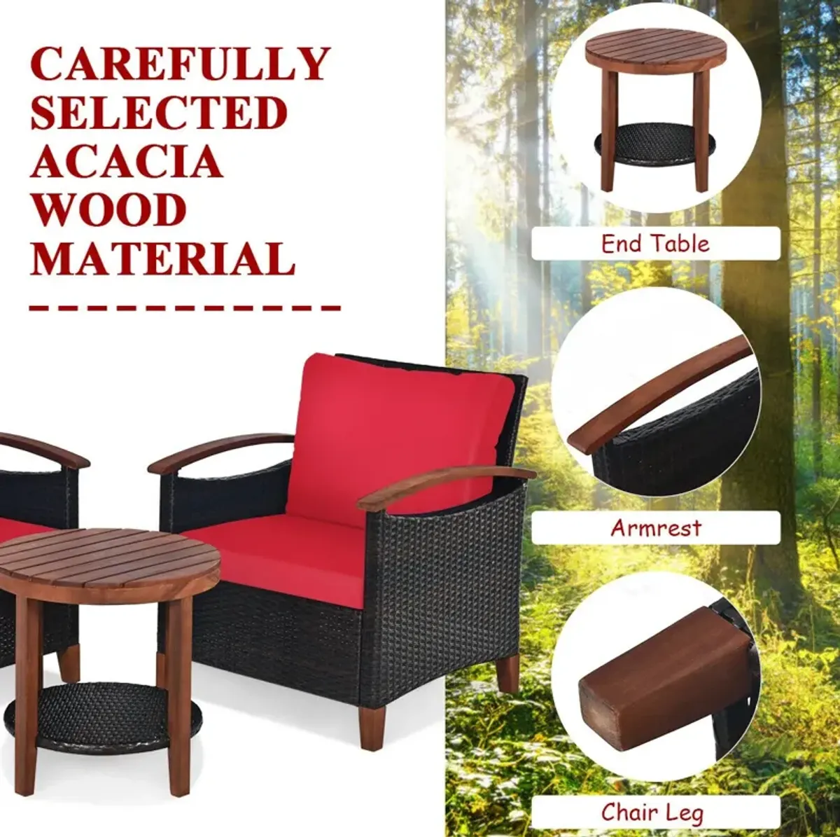 3 Pieces Patio Rattan Furniture Set with Washable Cushion and Acacia Wood Tabletop