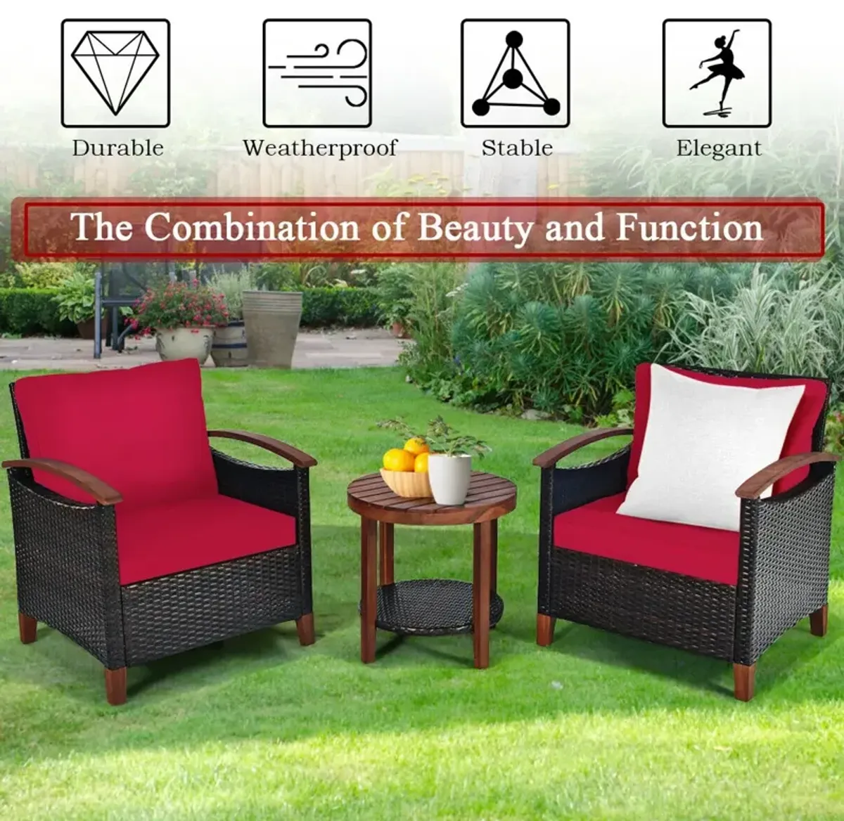 3 Pieces Patio Rattan Furniture Set with Washable Cushion and Acacia Wood Tabletop