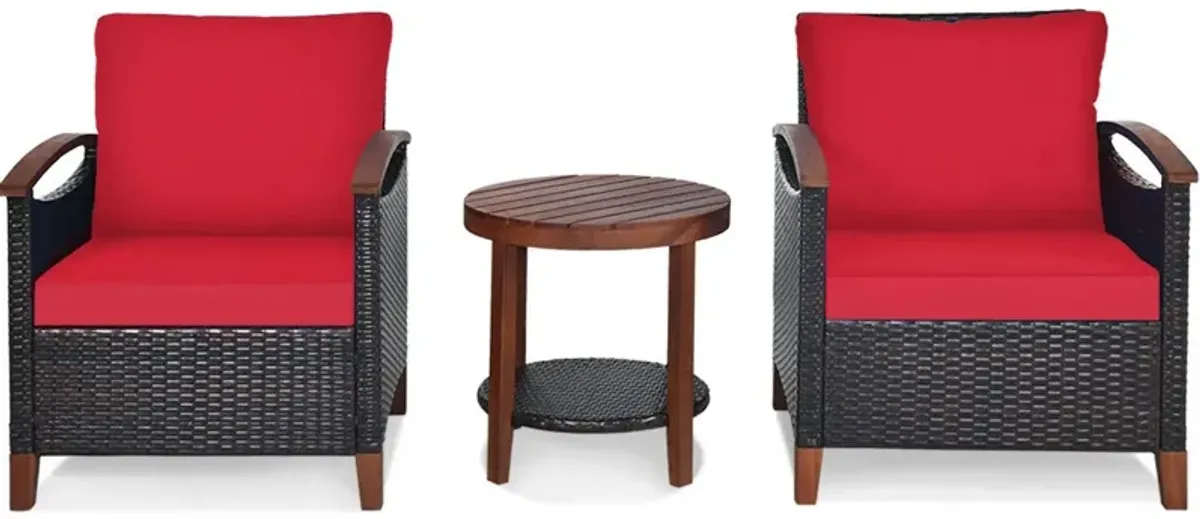 3 Pieces Patio Rattan Furniture Set with Washable Cushion and Acacia Wood Tabletop