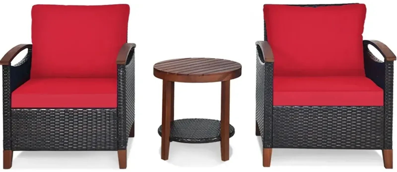 3 Pieces Patio Rattan Furniture Set with Washable Cushion and Acacia Wood Tabletop