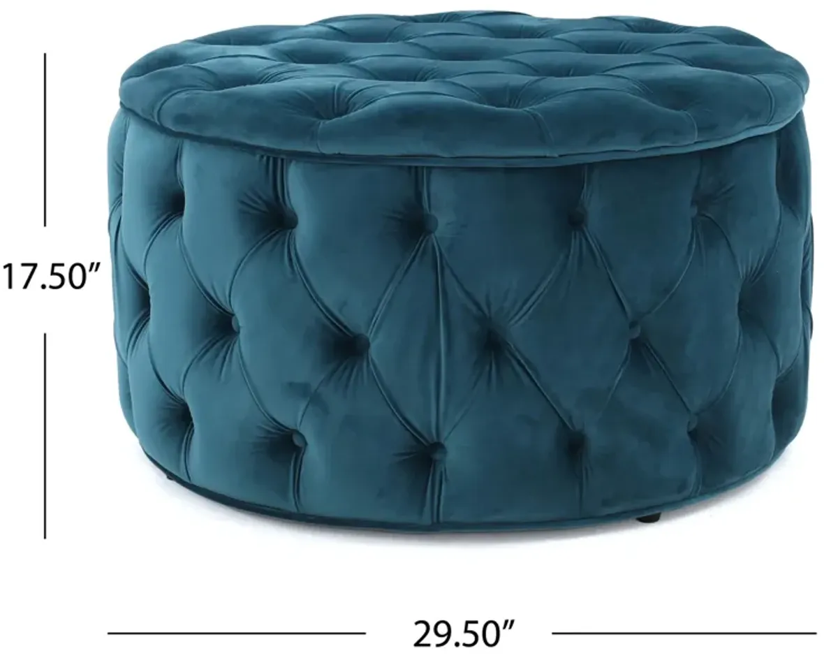 Round Accent Ottoman, 30 Inch, Teal Blue Velvet, Button Tufted Design - Benzara