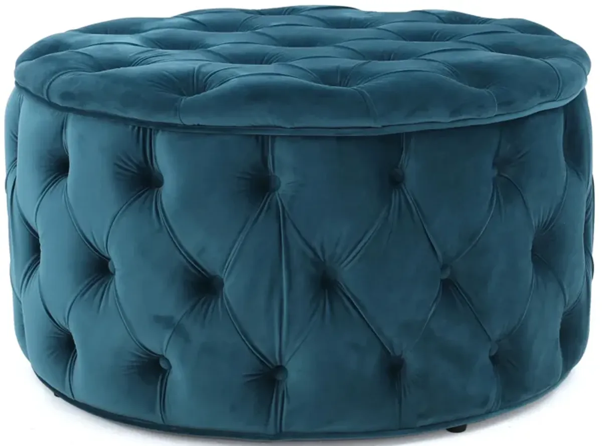 Round Accent Ottoman, 30 Inch, Teal Blue Velvet, Button Tufted Design - Benzara